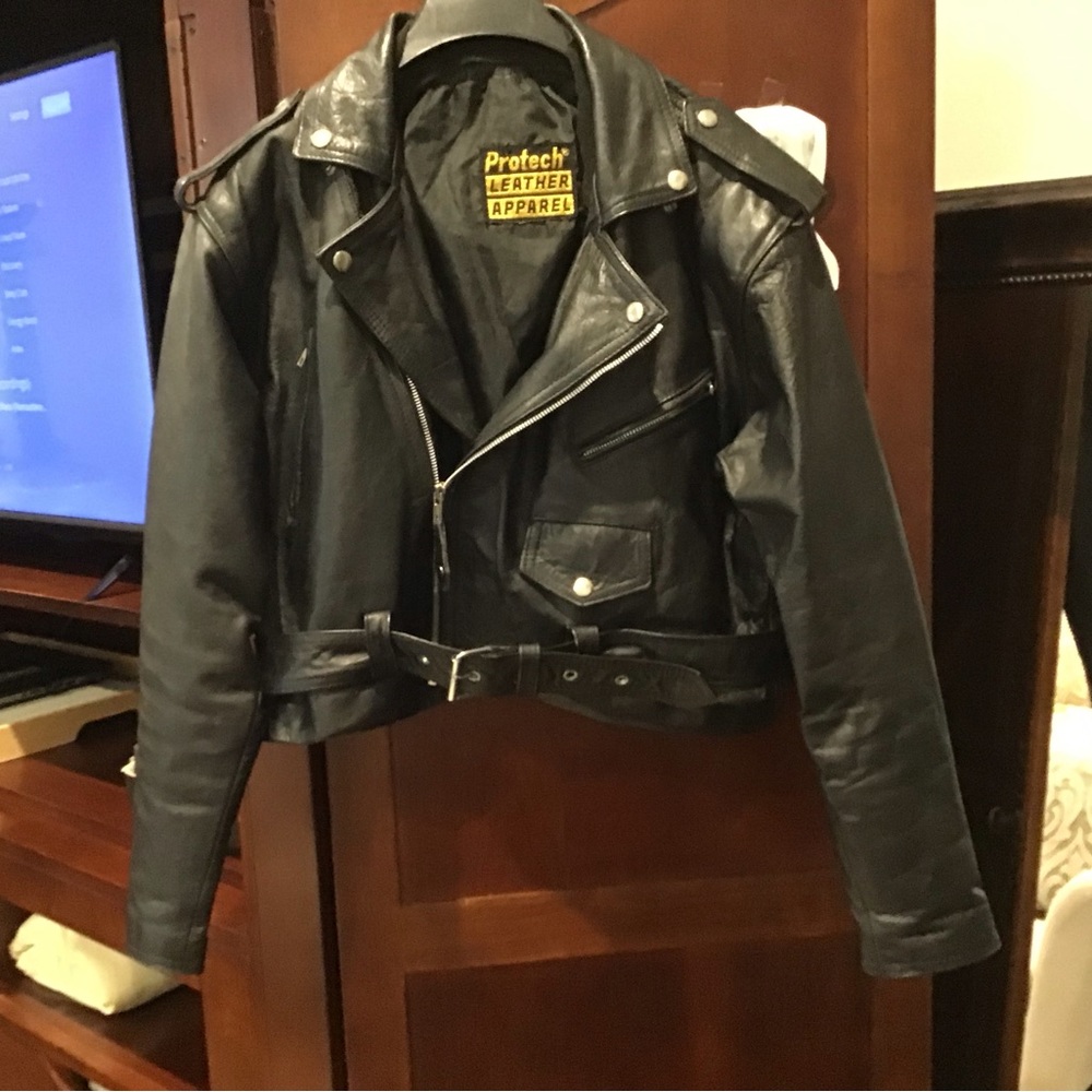 Heavy leather motorcycle jacket.